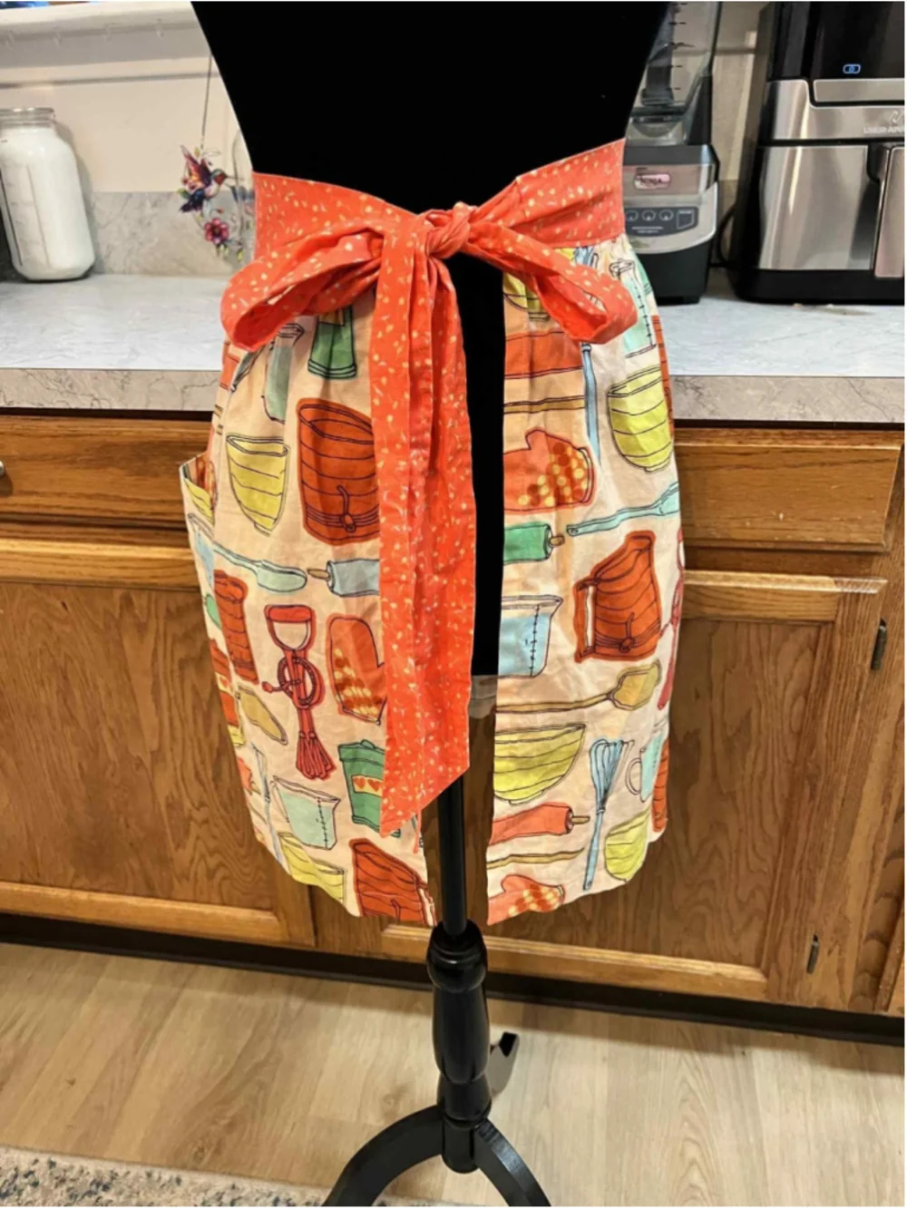 Handmade Cotton Apron Retro Kitchen Utensil Print Orange Waistband M/L Pockets